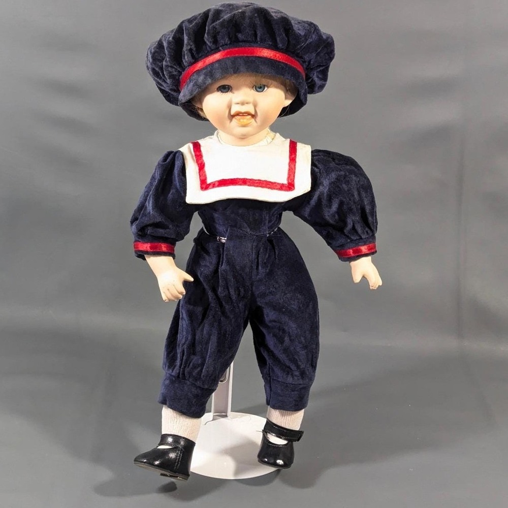 Vintage 15.5 Inch Porcelain Sailor Doll Navy Blue Velvet Outfit with Stand